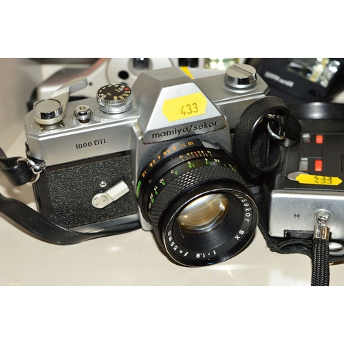 433 - A MAMIYA 1000DTL FILM CAMERA, fitted with a Sekor 55mm f1.8 lens, a Photax 28mm f2.8 lens, a Hanimex... 