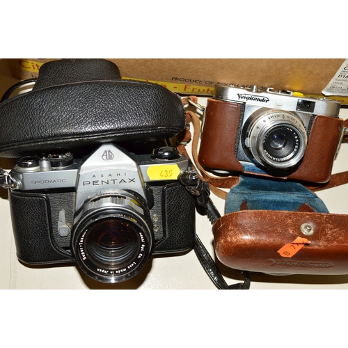 435 - A TRAY OF VINTAGE FILM CAMERAS AND ACCESSORIES, including an Asahi Pentax Spotmatic with a 50mm f4 l... 