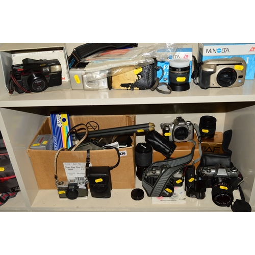 436 - A BOX OF CAMERAS AND ACCESSORIES, including a boxed Nikon F55D, a boxed 28-80mm f3.3 lens, an Olympu... 