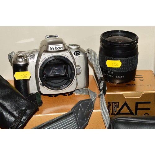 436 - A BOX OF CAMERAS AND ACCESSORIES, including a boxed Nikon F55D, a boxed 28-80mm f3.3 lens, an Olympu... 