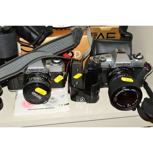 436 - A BOX OF CAMERAS AND ACCESSORIES, including a boxed Nikon F55D, a boxed 28-80mm f3.3 lens, an Olympu... 