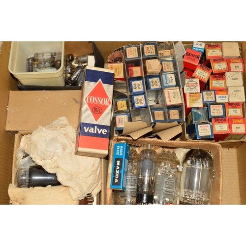 438 - THREE TRAYS OF VINTAGE VACUUM TUBES (THERMIONIC VALVES), some in original boxes and some loose from ... 