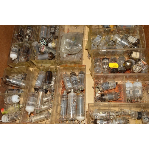 438 - THREE TRAYS OF VINTAGE VACUUM TUBES (THERMIONIC VALVES), some in original boxes and some loose from ... 