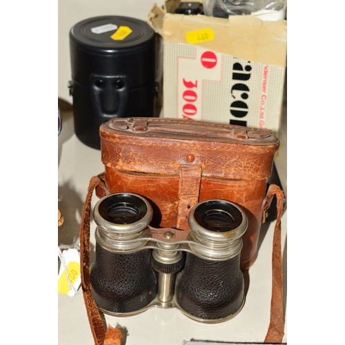 460 - A BOX OF CAMERAS AND OPTICAL EQUIPMENT, including a Zeiss Ikon Nettar 515/2, an Olympus OM10 fitted ... 