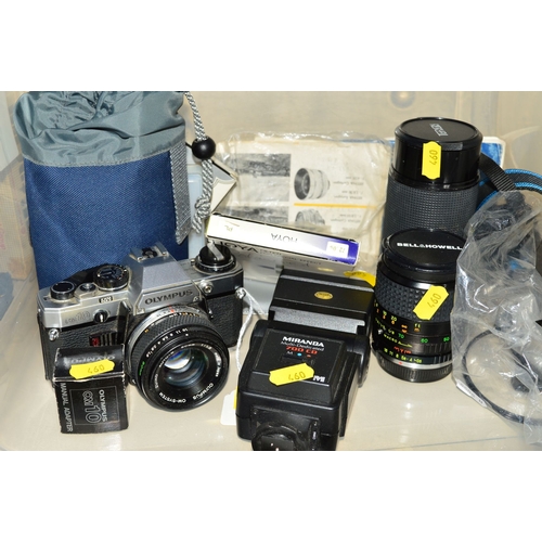 460 - A BOX OF CAMERAS AND OPTICAL EQUIPMENT, including a Zeiss Ikon Nettar 515/2, an Olympus OM10 fitted ... 