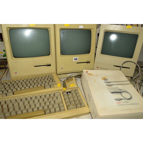 466 - THREE APPLE MACINTOSH VINTAGE COMPUTERS, these are a Macintosh 1st generation with keyboard and mous... 