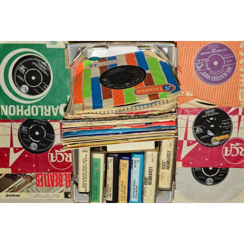 473 - A SMALL COLLECTION OF THIRTY SIX SINGLES, and eight 8-tack tapes from artists such as The Beatles, E... 