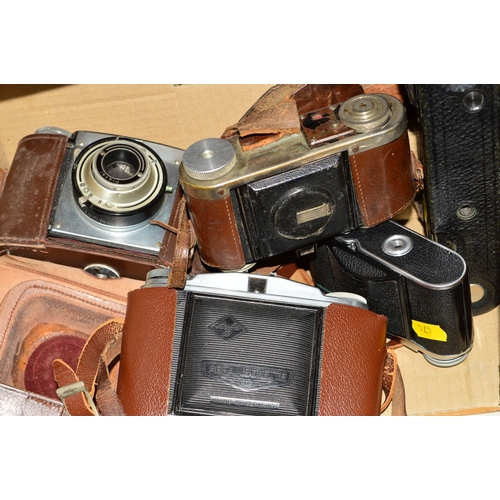 474 - A TRAY OF VINTAGE CAMERAS, and a pair of Hummel 10x50 binoculars, the cameras include a Voigtlander ... 