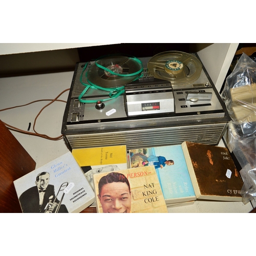 484 - A GRUNDIG TK144 REEL TO REEL PLAYER, and a tray and case of camera equipment, to include Olympus Tri... 