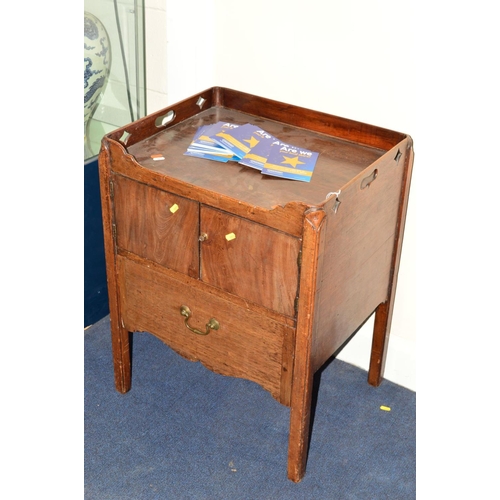 1533 - A GEORGIAN WALNUT SIDE TABLE, gallery top above double doors and a single drawer, width 56cm x depth... 