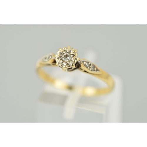 185 - A MODERN 9CT GOLD DIAMOND SINGLE STONE RING, central diamond illusion set to diamond set shoulders, ... 