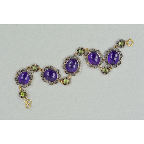 186 - A MODERN AMETHYST AND PERIDOT FILIGREE PANEL BRACELET, measuring approximately 180mm in length, the ... 