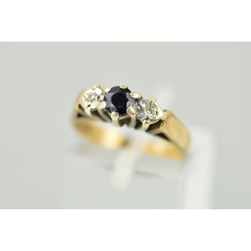 187 - A 9CT GOLD SAPPHIRE AND DIAMOND THREE STONE RING, ring size J, hallmarked 9ct gold, approximate gros... 