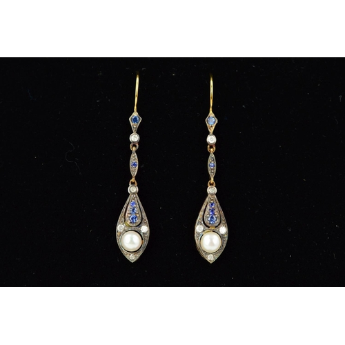 190 - A MODERN PAIR OF DIAMOND, SAPPHIRE AND CULTURED FRESH WATER PEARL DROP EARRINGS, hook wire fittings,... 