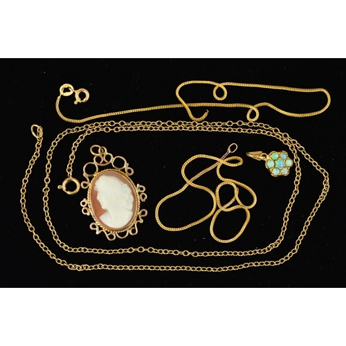 202 - A SELECTION OF JEWELLERY, to include an oval cameo pendant, an opal cabochon flower shape cluster pe... 