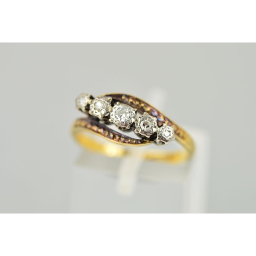 208 - A FIVE STONE DIAMOND RING, designed as an angled row of five graduated single cut diamonds within il... 