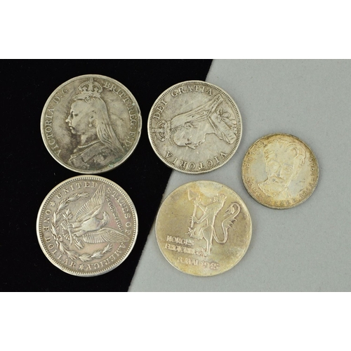 215 - FIVE COINS, to include two widow head Victoria coins for 1889 and 1890, a one dollar for 1921, a fiv... 