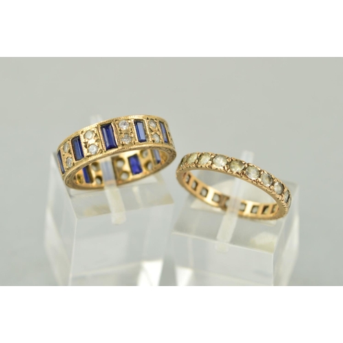 220 - TWO ETERNITY RINGS, the first set with circular colourless pastes, size N, the second with rectangul... 