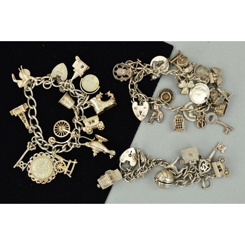 230 - THREE CHARM BRACELETS, the curb link bracelets suspending a total of 38 charms, to include a hinged ... 