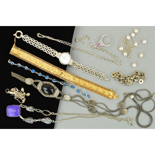 231 - A SELECTION OF JEWELLERY, to include a watch, a mounted gem necklace, a cultured pearl necklace, a m... 