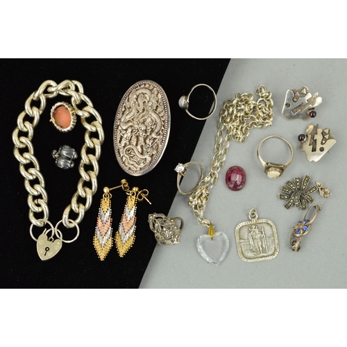 232 - A SELECTION OF JEWELLERY, to include a Chinese design oval brooch, a marcasite ring and single earri... 