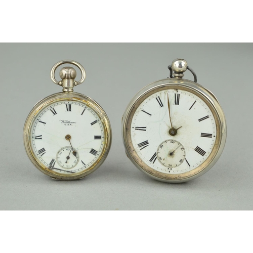 238 - TWO EARLY 20TH CENTURY SILVER OPEN FACED POCKET WATCHES, both with Roman numerals and subsidiary sec... 