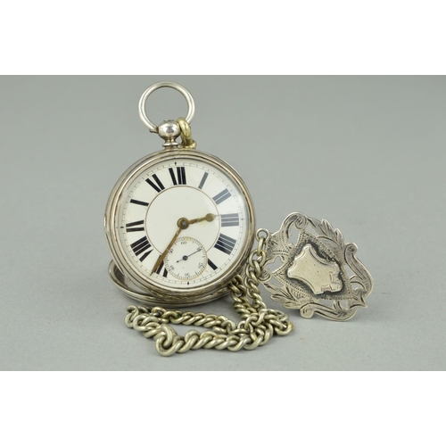 239 - A MID VICTORIAN SILVER POCKET WATCH WITH CHAIN AND SILVER MEDALLION, the pocket watch with Roman num... 