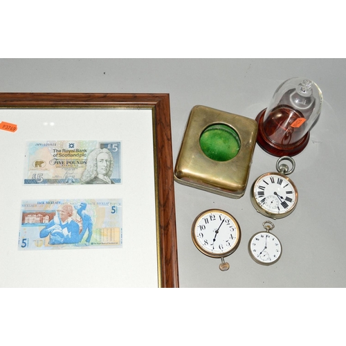 241 - THREE POCKET WATCHES, A SMALL BELL JAR AND FRAMED NOTES, the pocket watches to include an Edwardian ... 