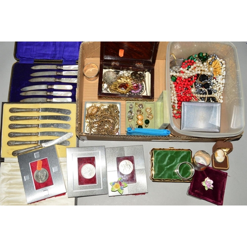 247 - A BOX OF MAINLY COSTUME JEWELLERY to include a Stratton trinket box, a Ronson lighter, two cased set... 