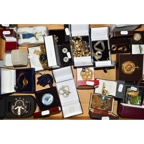 248 - A BOX OF COSTUME JEWELLERY AND WATCHES to include a Raymond Weil quartz wristwatch with black leathe... 