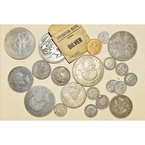 250 - A SMALL BOX OF MIXED COINAGE, to include an Edward VII gold half sovereign 1906, a 1897 silver trade... 