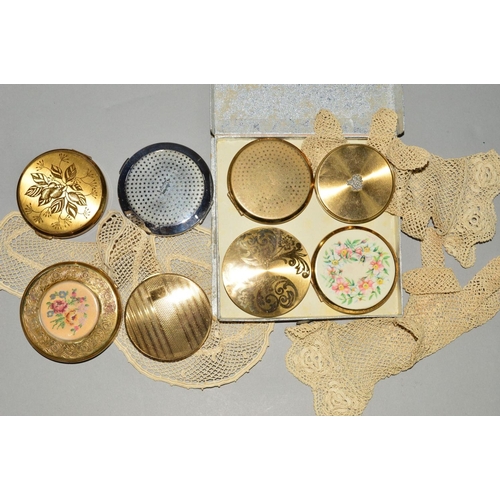 253 - EIGHT MIXED COMPACTS, lace collars and gloves