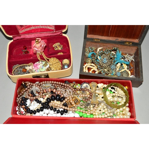 257 - THREE SMALL BOXES OF COSTUME JEWELLERY, etc