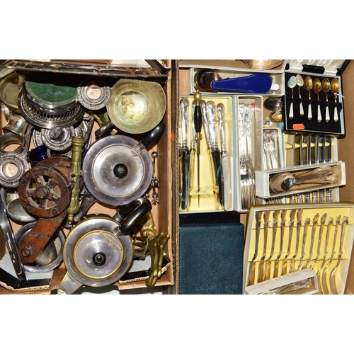 270 - TWO BOXES OF SILVER PLATE etc, including tea wares, boxed, cased and loose cutlery and flatware incl... 