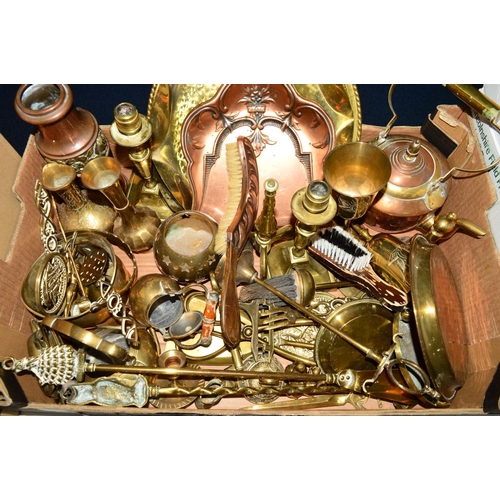 278 - A BOX OF COPPER AND BRASSWARE, including trays, crumb tray and brush, etc