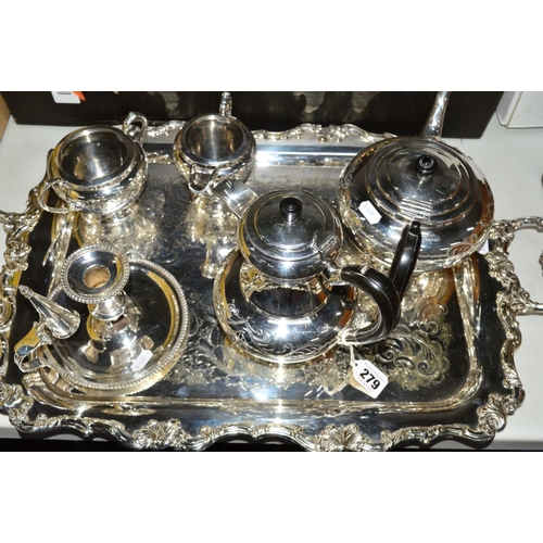 279 - A REPRODUCTION VICTORIAN STYLE TWIN HANDLED TRAY, length 65cm, together with a 19th century chambers... 