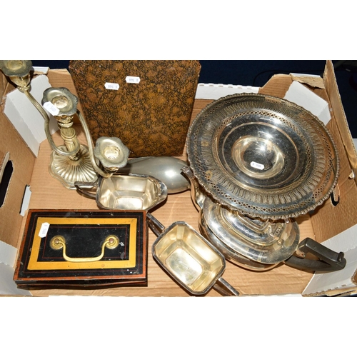 281 - A BOX OF METALWARES, including a cased set of fish eaters, tea wares, silver plated comport, tin cas... 