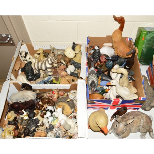 548 - THREE BOXES AND LOOSE ANIMAL ORNAMENTS AND SCULPTURES, etc to include Ducks, Donkeys and Horses