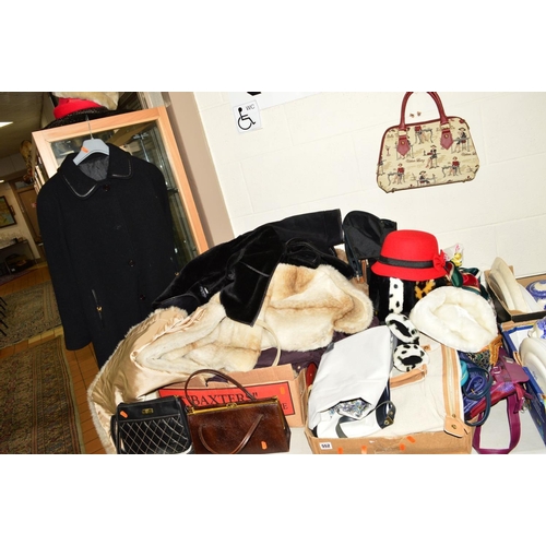 552 - TWO BOXES AND LOOSE CLOTHING to include handbags, faux fur coats and hats etc