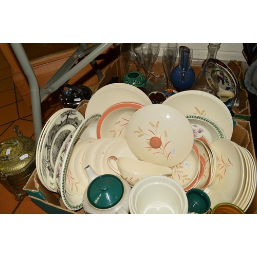 553 - TWO BOXES CERAMICS, GLASSWARE ETC to include Royal Doulton 'Meadow Glow' dinner wares, Portmeirion, ... 