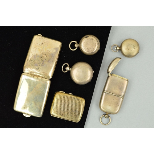 25 - FOUR LATE 19TH TO EARLY 20TH CENTURY SILVER SOVEREIGN HOLDERS AND TWO SMALL CIGARETTE CASES to inclu... 