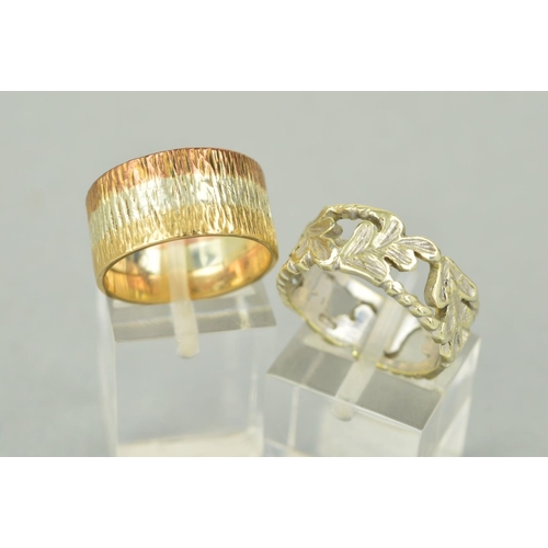 52 - TWO LATE 20TH CENTURY 9CT GOLD BAND RINGS, a three colour gold bark finish wedding band, measuring a... 