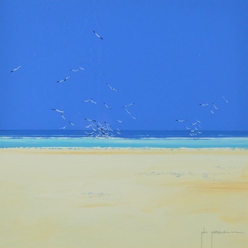 520 - JOHN HORSEWELL 'PREYING BY THE SHORE' seagulls over a deserted beach, signed bottom right, acrylic o... 