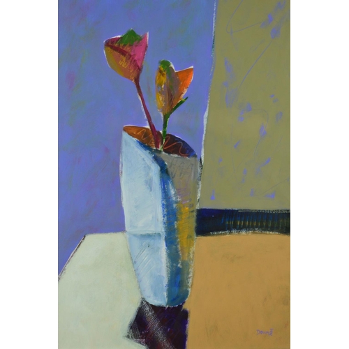 523 - DOWNE BURNS (AMERICAN CONTEMPORARY) 'STICKING BY YOU I', a still life vase and flowers in an abstrac... 