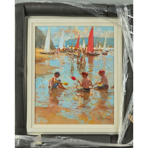 525 - DIANNE FLYN 'WATERS EDGE', a limited edition hand embellished print on board 13/195, children playin... 