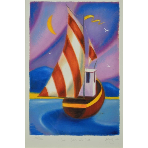 534 - ADAM BARSBY 'LOVE SETS US FREE', a sailing boat under a colourful sky, a limited edition print 374/5... 