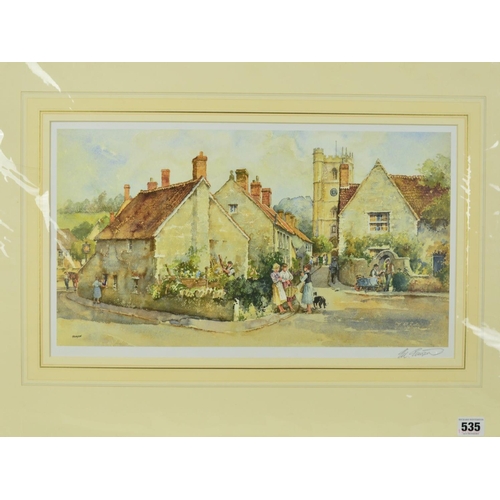 535 - ERIC STURGEON, a signed print print of a village scene, mounted, unframed, approximate size 26cm x 4... 