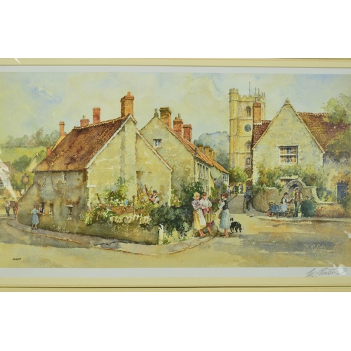 535 - ERIC STURGEON, a signed print print of a village scene, mounted, unframed, approximate size 26cm x 4... 