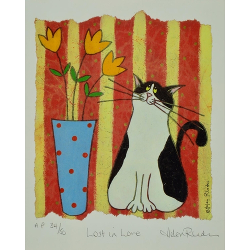 536 - HELEN RHODES, 'LOST IN LOVE', a whimsical cat and a vase of flowers, an artist proof print 34/50, si... 