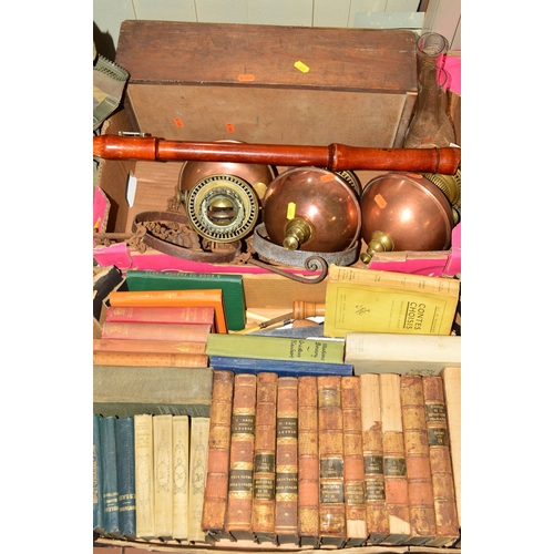 567 - TWO BOXES OF SUNDRY ITEMS to include three copper hanging oil lamps, books, cutlery, musical instrum... 